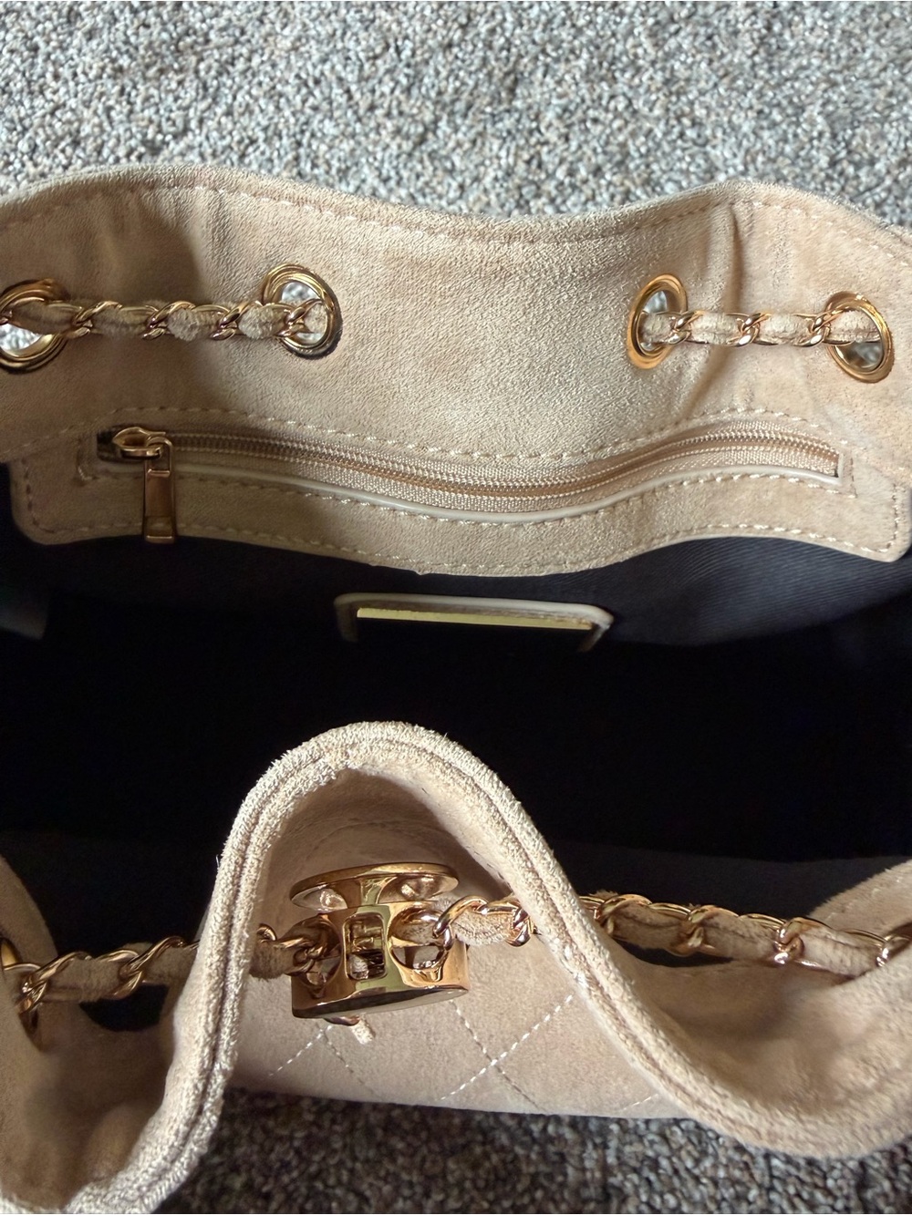 Suede Quilted Drawstring Shoulder Bag in Beige - Picture 15 of 15